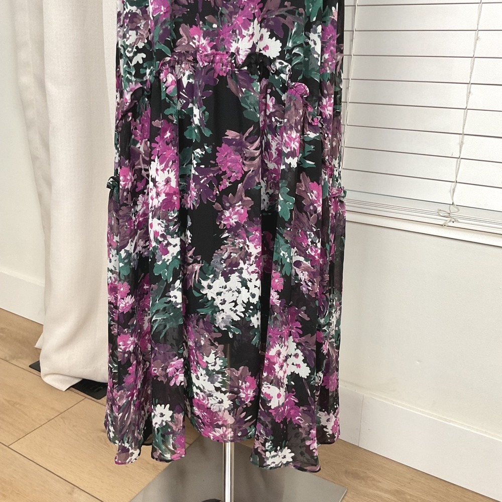 Taylor Floral Maxi Dress Purple Black Flutter Sleeve Smocked Waist Size 12 NEW - Picture 4 of 14
